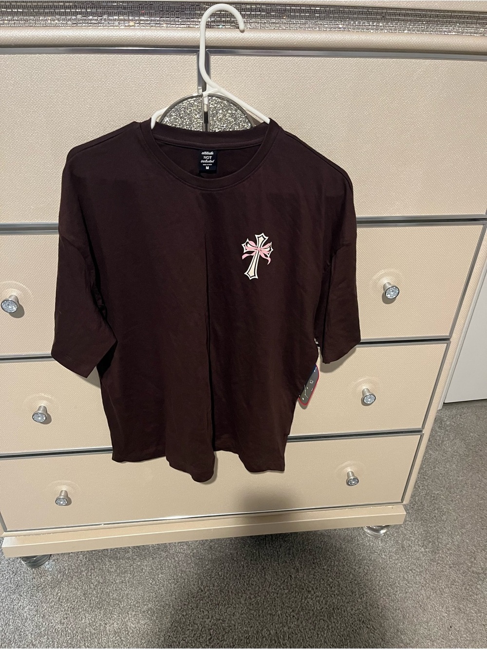 Women’s Black Short-Sleeve Tee with Pink Cross Detail